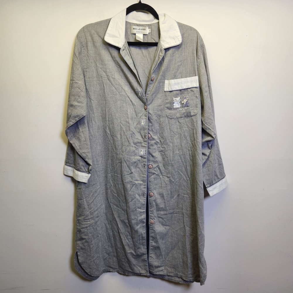 Bees & Eyes Vtg 100% Cotton Embroidered Cat Button Down Nightshirt Women's Med